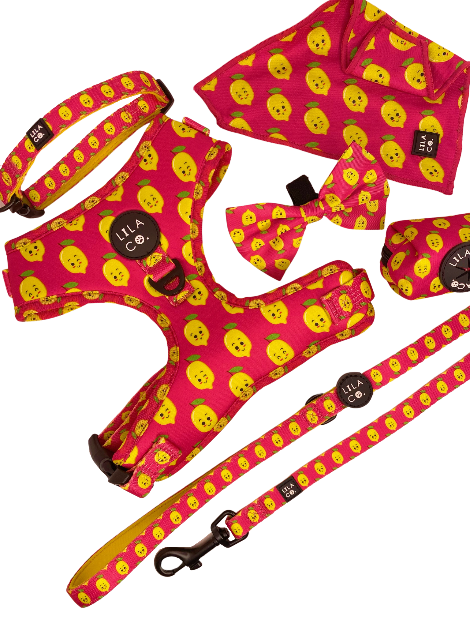Pink Happy Lemons Complete Dog Harness Set Adjustable Dog Harness Dog Harness Dog Collar Dog Bow Tie Dog Bandana Poop Bag Holder Dog Leash Australia Pet Supplies Australia Dog Accessories Pet Accessories