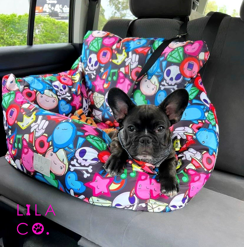 Fonzie the french bulldog in the black gamer characters print water resistant dog car seat bed