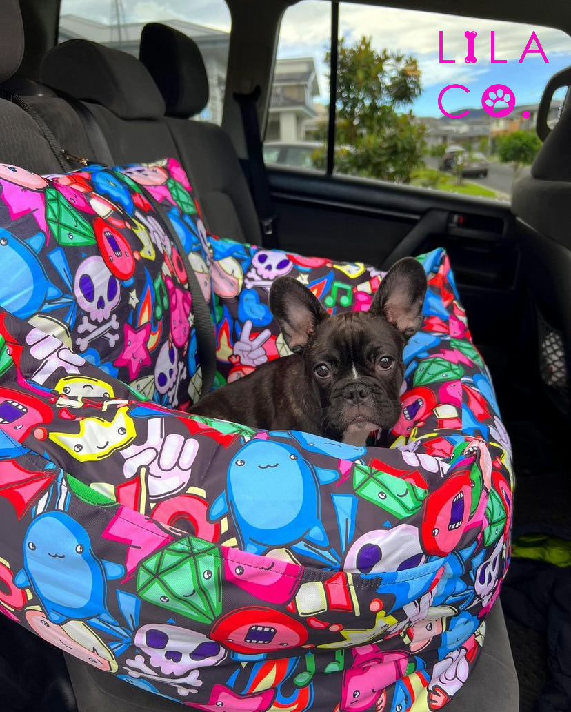 French Bulldog Puppy in Lila Co Gamer Characters Print Car Seat