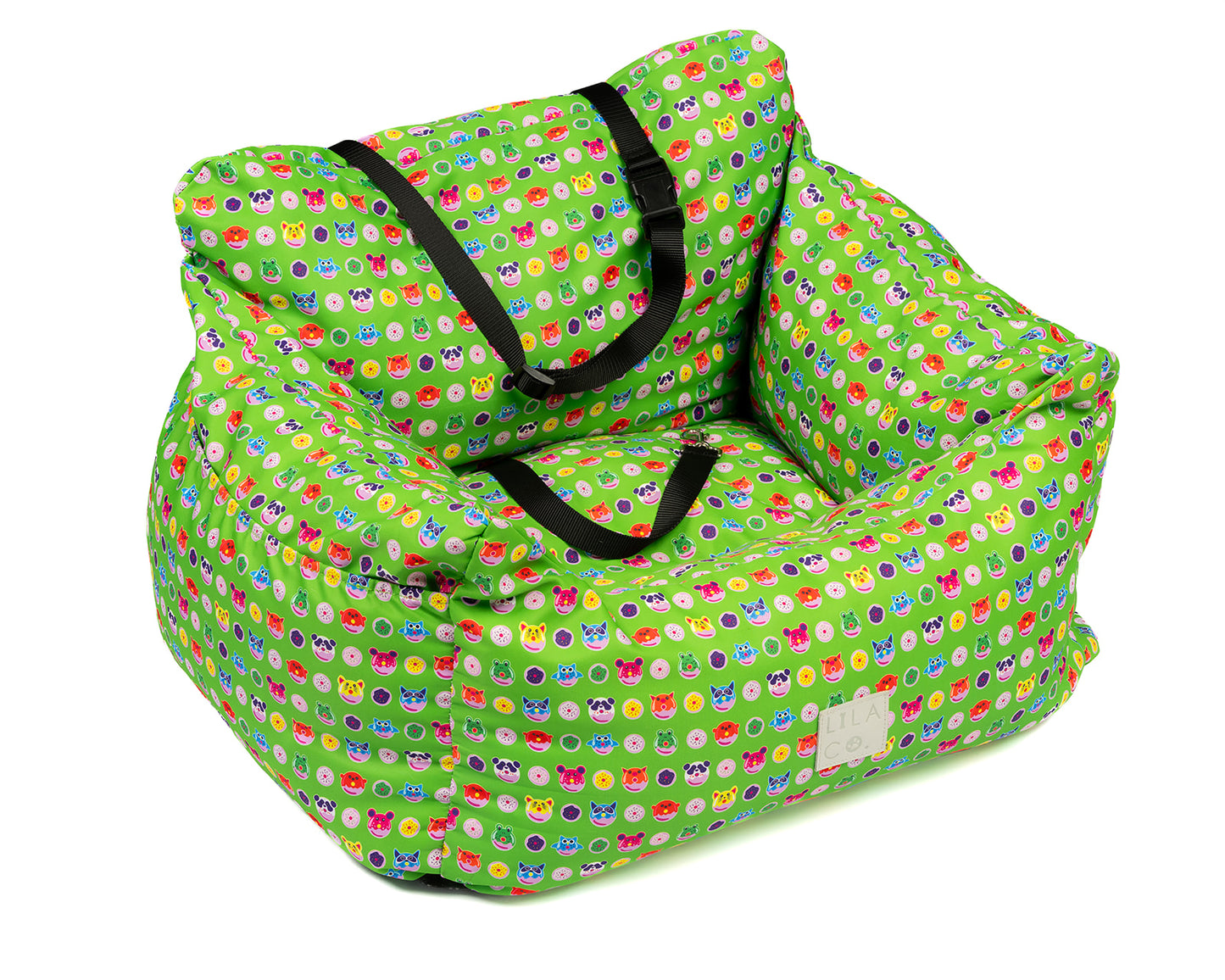 Green donut animals print water resistant dog car seat bed front view