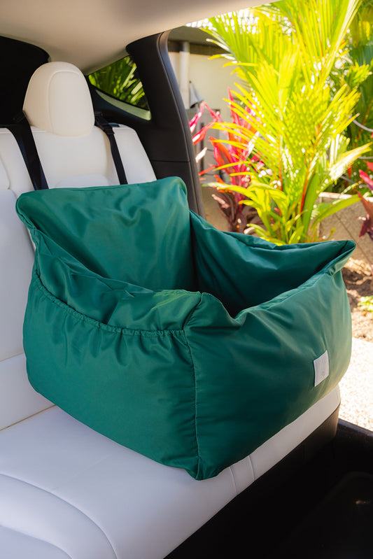 Emerald Green water resistant dog car seat bed front view in car