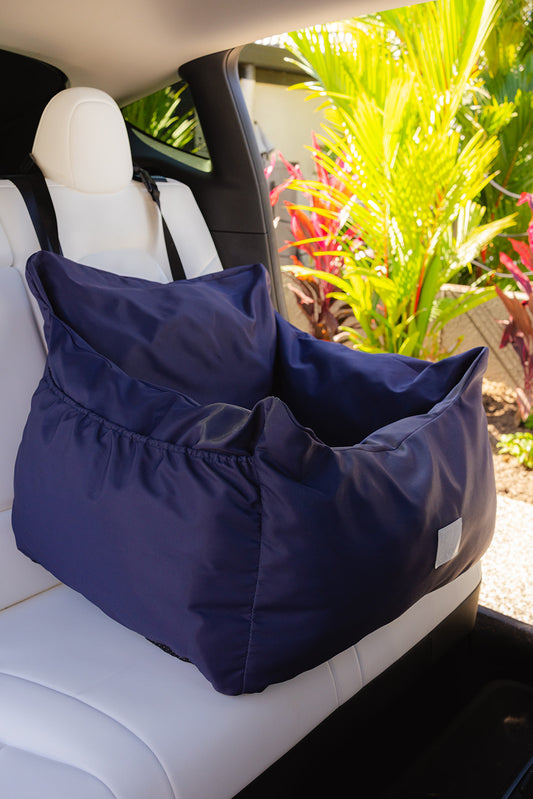 Royal navy blue water resistant dog car seat bed front view in car