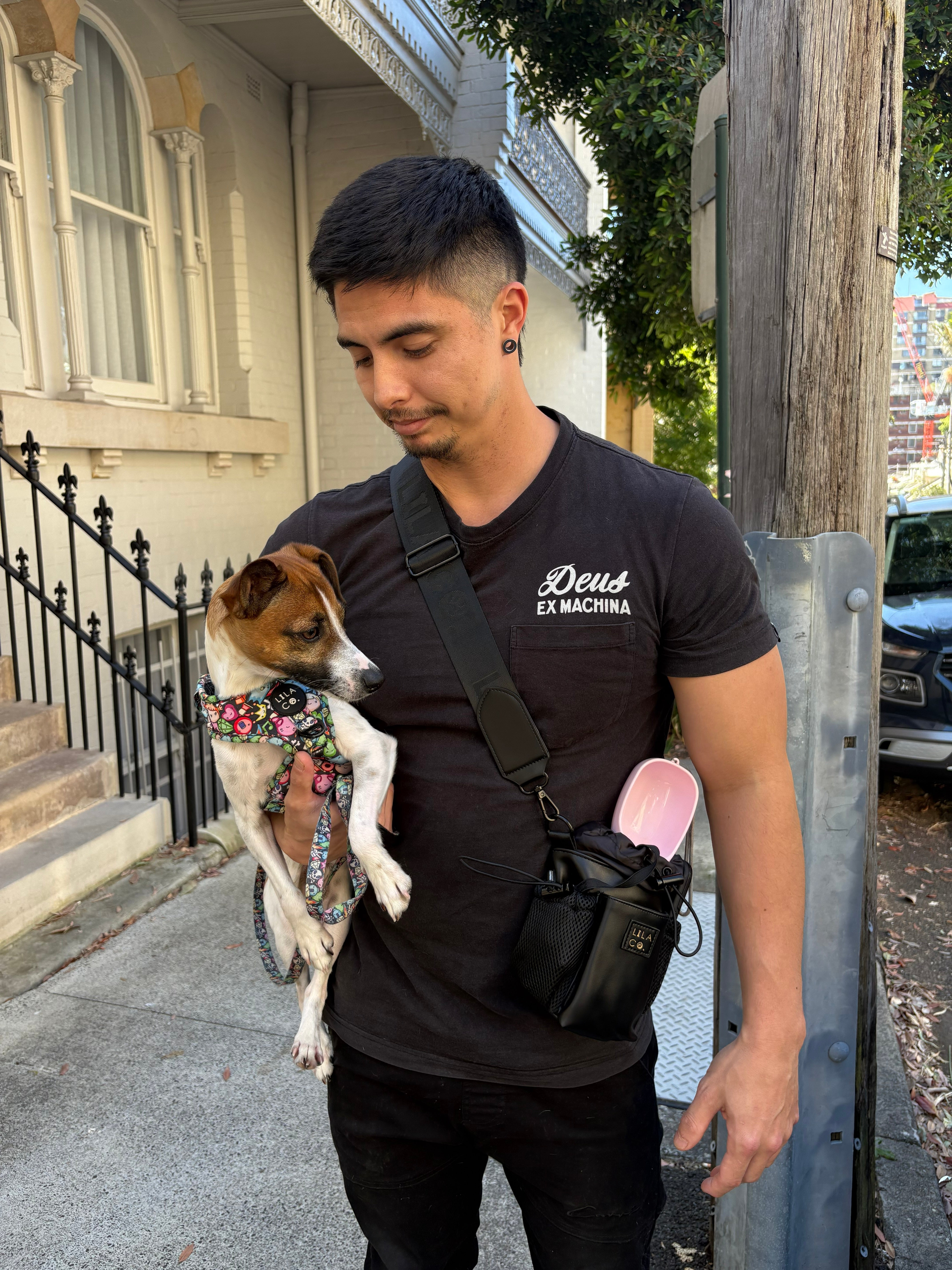 Man holding a dog on a leash in an urban setting