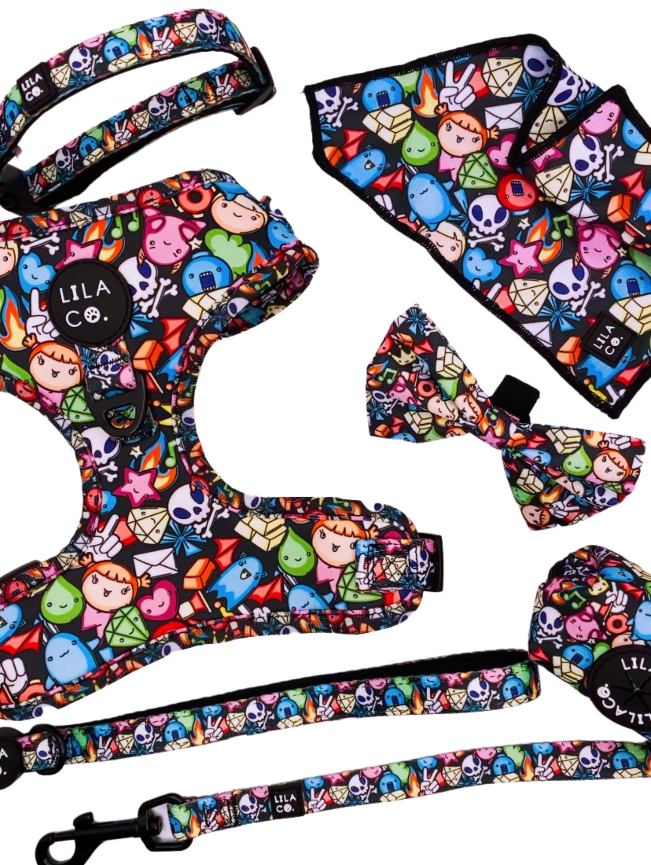 Black Gamer Characters Complete Dog Harness Set Dog Harness Dog Bow Tie Dog Collar Dog Leash Dog Bandana Poop Bag Holder Australia Pet Supplies Australia Dog Accessories Pet Accessories