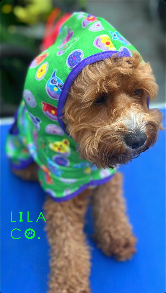 Cavoodle in Green Donut Animals Print Dog Robe Microfibre Dog Robe Australia Pet Supplies Australia Dog Accessories Pet Accessories
