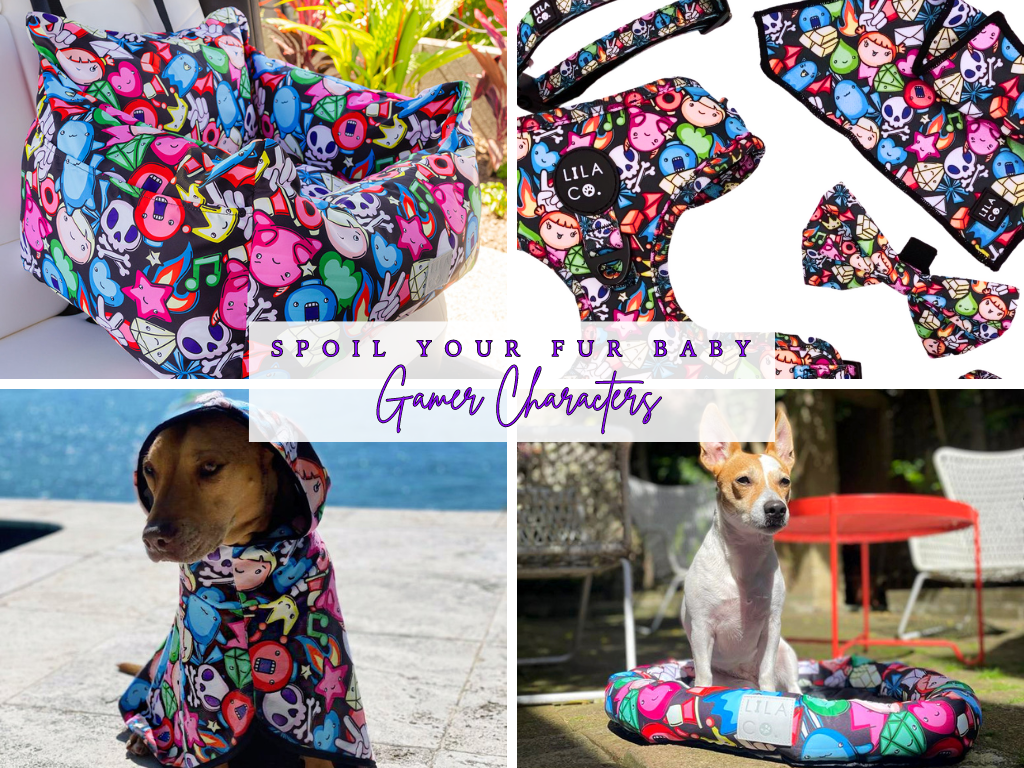 Black Gamer Characters Ultimate Spoil Your Fur Baby Bundle - Dog Robe, Car Seat, Harness Set, Cooling Pet Bed