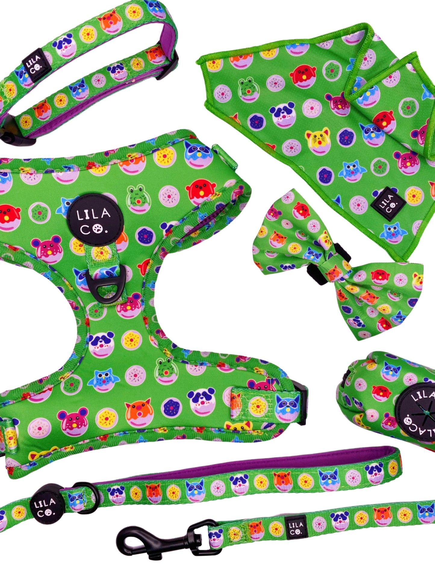 Green Donut Animals Adjustable Dog Harness Dog Leash Dog Collar Dog Bandana Dog Bow Tie Poop Bag Holder Australia Pet Supplies Australia Pet Accessories
