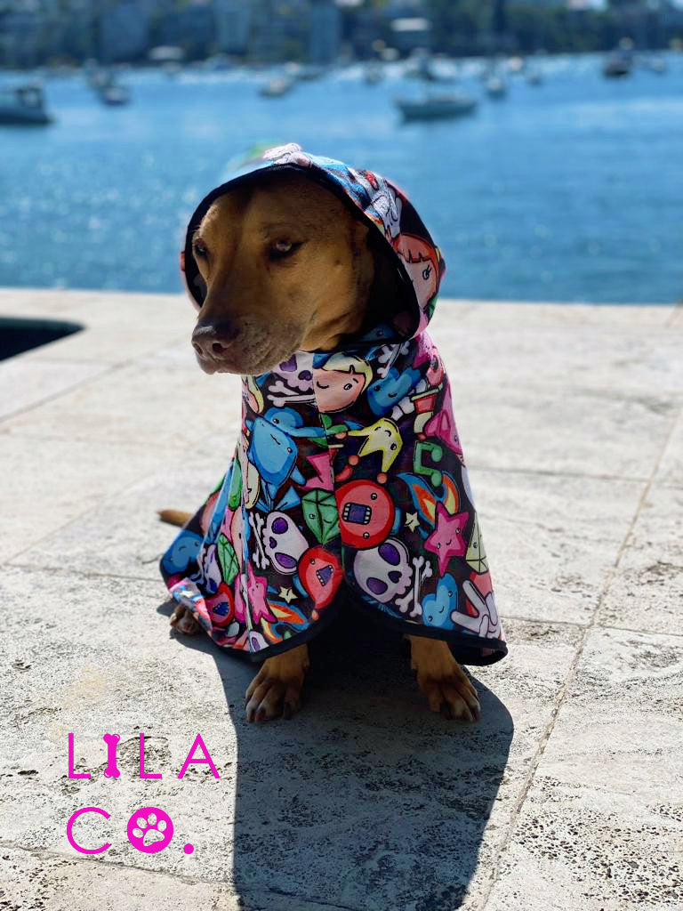 Sheba the Staffy in the Lila Co Gamer Characters Dog Robe Poolside Summer Dog Robe Dog Bathrobe Microfibre Dog Robe  Australia Pet Supplies Australia Dog Accessories Pet Accessories 