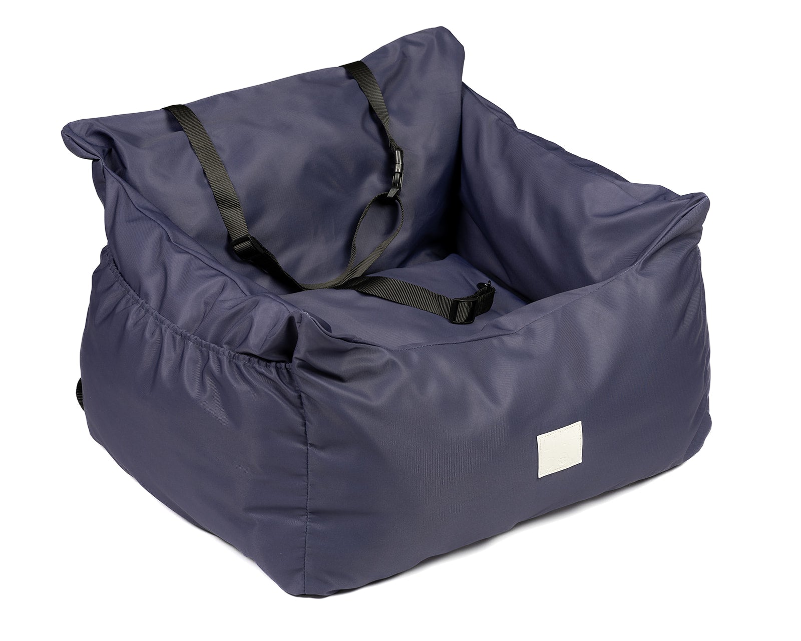 Royal navy blue water resistant dog car seat bed side view in car