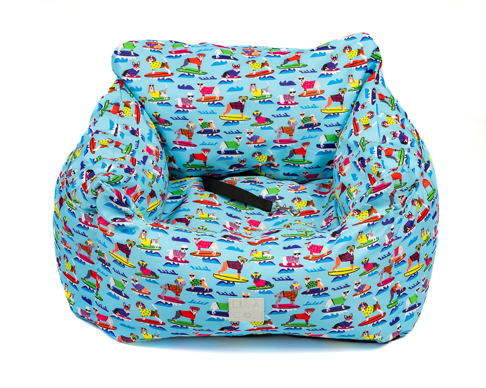 Blue surf dogs print blue water resistant dog car seat bed front view 