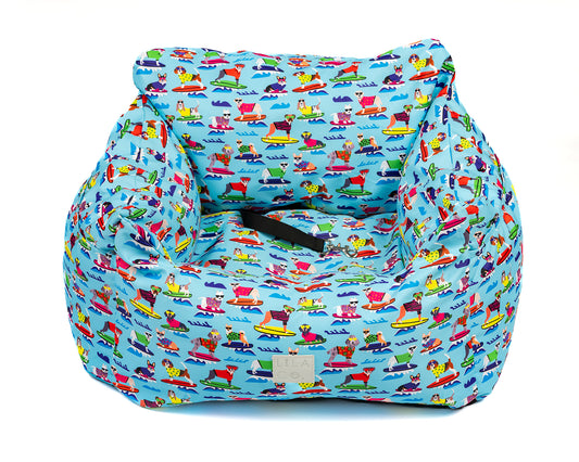 Blue surf dogs print blue water resistant dog car seat bed front view 
