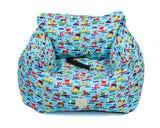 Blue surf dogs print blue water resistant dog car seat bed front view 