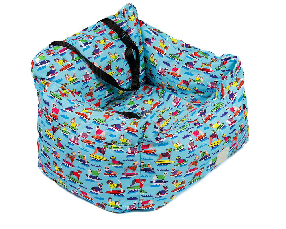 
                  
                    Blue surf dogs print blue water resistant dog car seat bed side view in car
                  
                