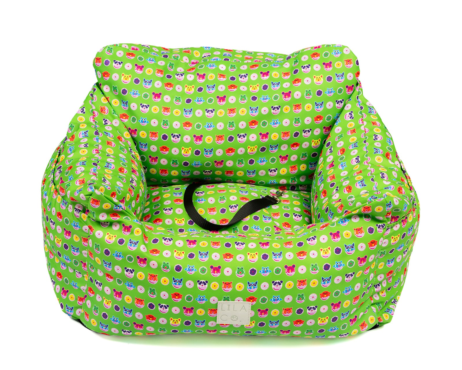 Green donut animals print water resistant dog car seat bed front view