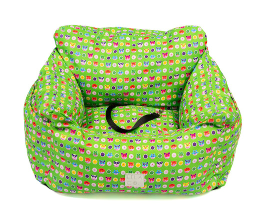 Green donut animals print water resistant dog car seat bed front view