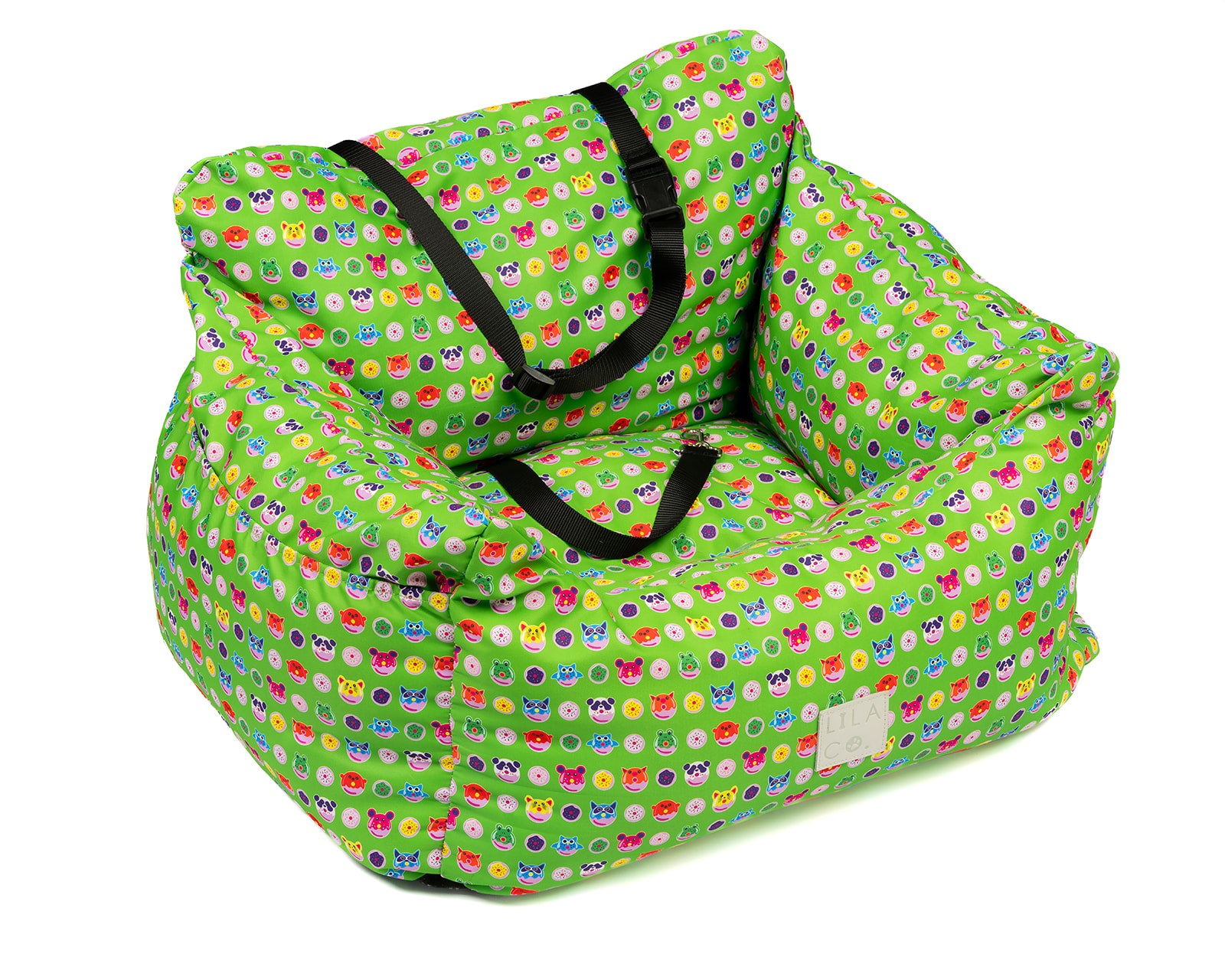 Green donut animals print water resistant dog car seat bed front view 