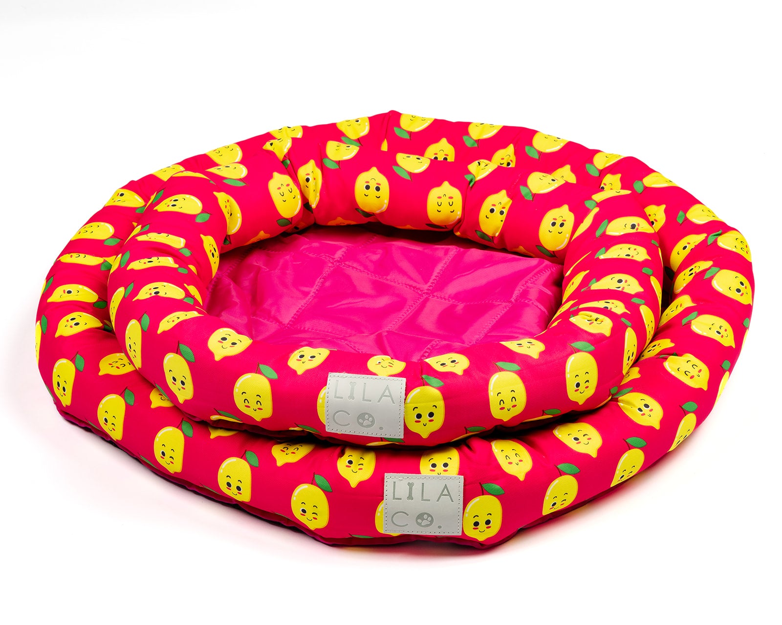 Pink happy lemons print small, medium and large water resistant cooling dog and pet bed pet accessory