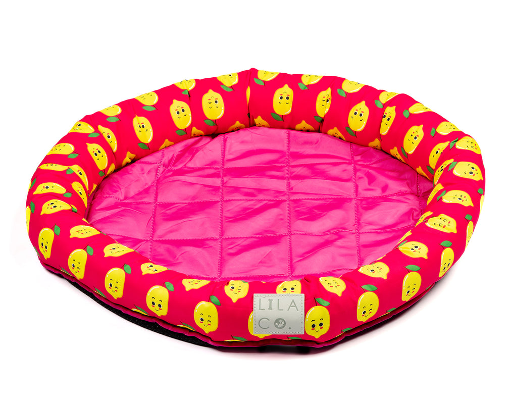 
                  
                    Pink happy lemons print small, medium and large water resistant cooling dog and pet bed pet accessory
                  
                