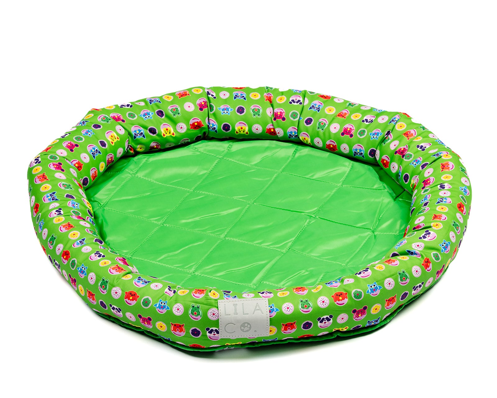 Green donut animals print small, medium and large water resistant cooling dog and pet bed 