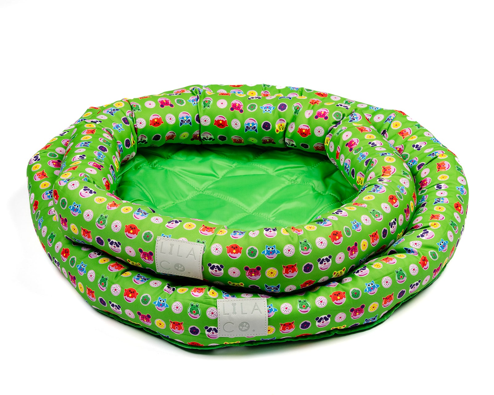 Green donut animals print small, medium and large water resistant cooling dog and pet bed 