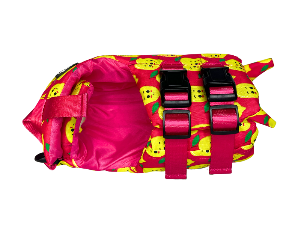 
                  
                    Pink happy lemons print dog life jacket float vest back view
                  
                