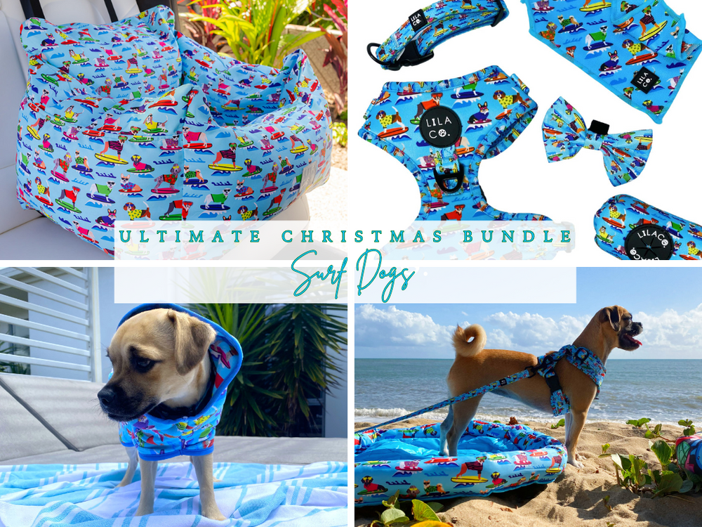 Blue Surf Dogs Ultimate Christmas Bundle - Dog Robe, Car Seat, Cooling Pet Bed, Complete Harness Set